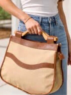 Vintage 1970s Ultima II Charles Revson canvas and brown leather tote